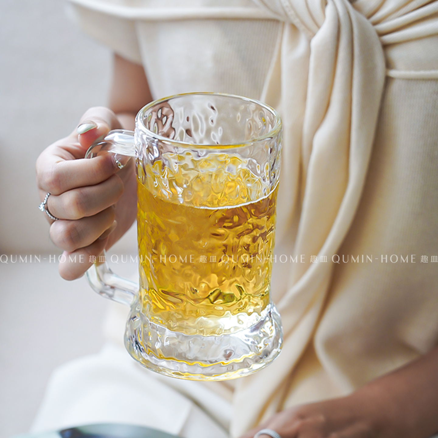 趣皿ins大容量带把啤酒杯玻璃杯家用果汁杯饮料扎啤杯子果茶杯