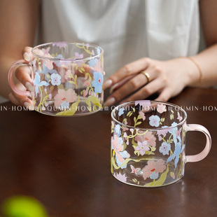 趣皿带手柄玻璃杯家用耐高温喝水杯高颜值杯子果汁杯冷饮杯咖啡杯