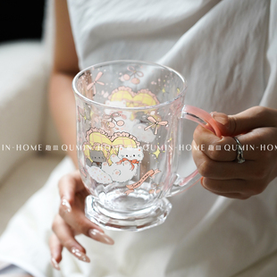 趣皿可爱卡通玻璃杯带把手大容量水杯子办公室早餐杯饮品杯奶茶杯