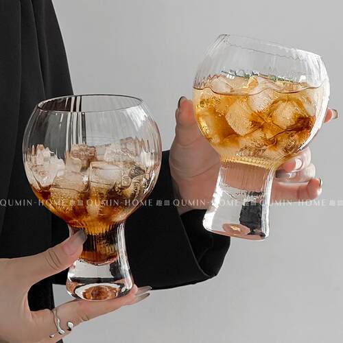 Qumin简约条纹圆肚玻璃杯创意个性啤酒杯高颜值饮品杯喝水杯子