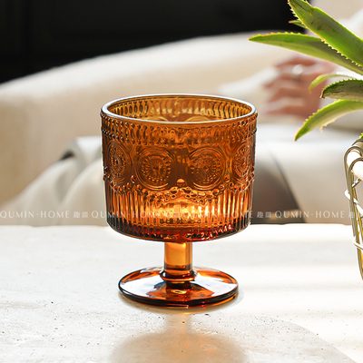 趣皿ins风小众浮雕矮脚杯高颜值咖啡杯果汁杯家用玻璃杯子冷饮杯