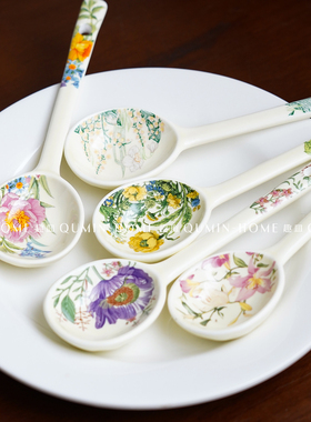 趣皿陶瓷勺子家用高颜值汤勺长柄圆头盛汤舀粥调羹饭勺甜品蜂蜜勺