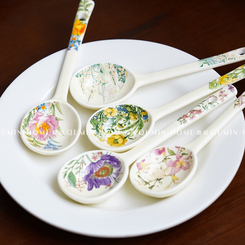 趣皿陶瓷勺子家用高颜值汤勺长柄圆头盛汤舀粥调羹饭勺甜品蜂蜜勺