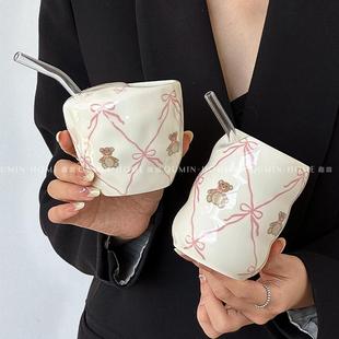 陶瓷杯高顏值帶吸管喝水杯子 趣皿中古風可愛絲蝶泰馬克杯創意個性