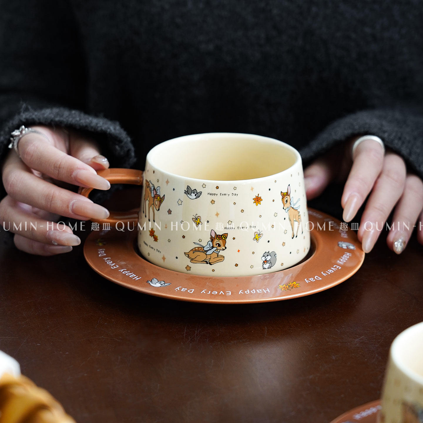 趣皿创意可爱萌鹿陶瓷咖啡杯碟套装家用手冲拿铁拉花杯马克杯水杯