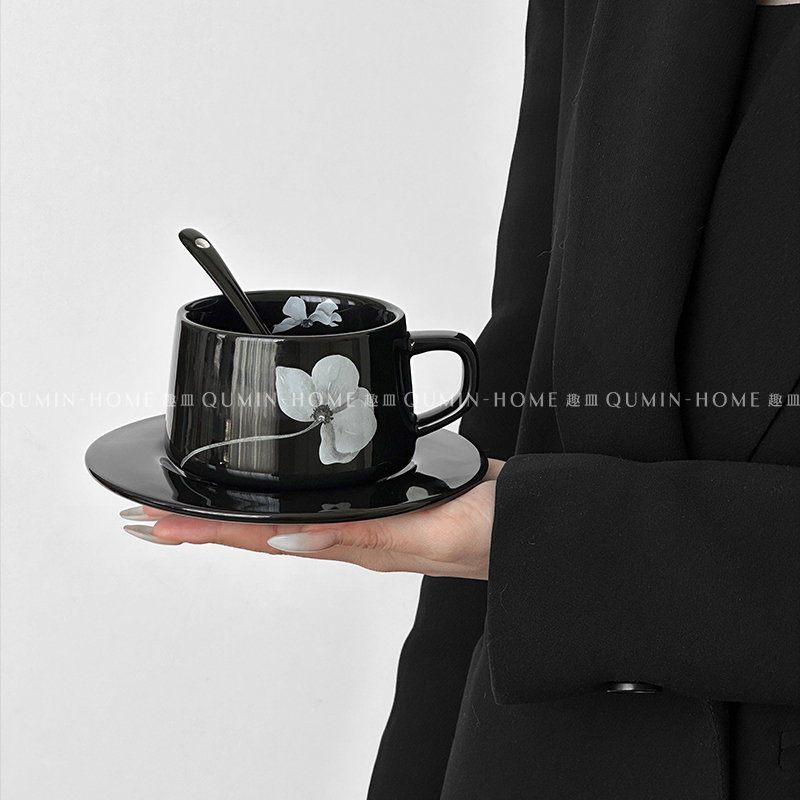 趣皿复古咖啡杯碟套装家用带勺子陶瓷杯办公室下午茶杯拿铁拉花杯