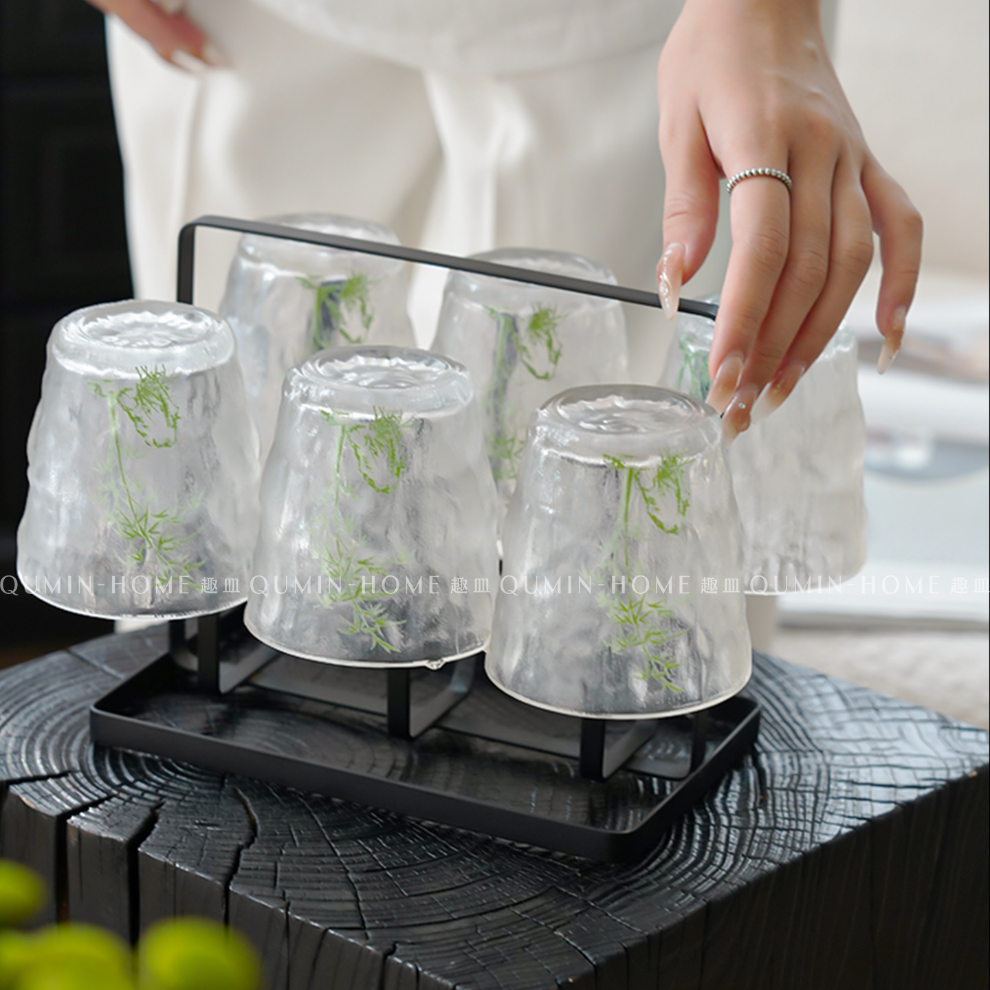 趣皿中式水墨绿竹玻璃杯子水杯套装水具套装家用待客茶杯茶具套装