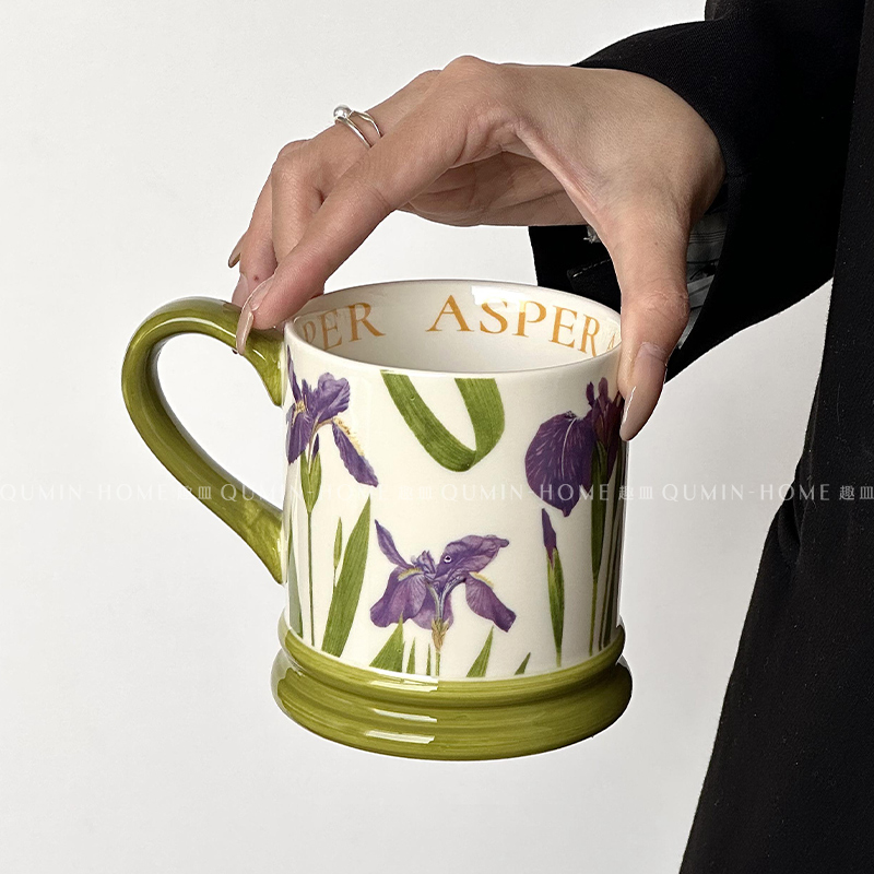 趣皿 油画风紫鸢尾花马克杯家用大容量复古花卉水杯高颜值陶瓷杯