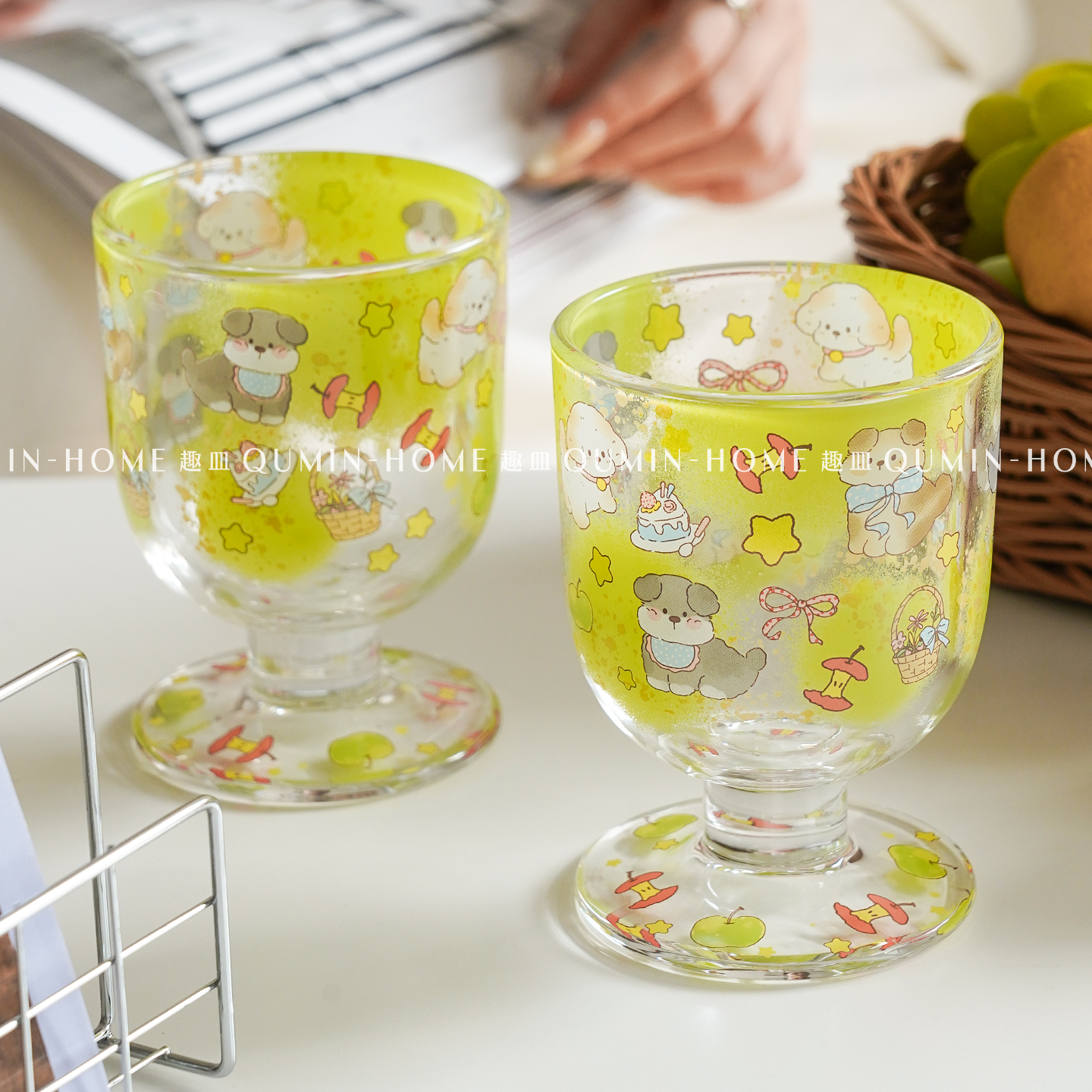 趣皿可爱小狗高脚杯玻璃杯家用果汁杯卡通饮品杯牛奶杯早餐喝水杯