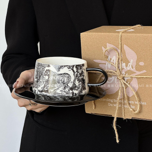 趣皿 黑色水墨风虎跃龙骧咖啡杯碟小众设计拿铁陶瓷杯伴手礼盒装
