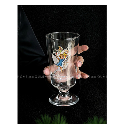 天使图案饮料杯玻璃杯果汁高脚杯