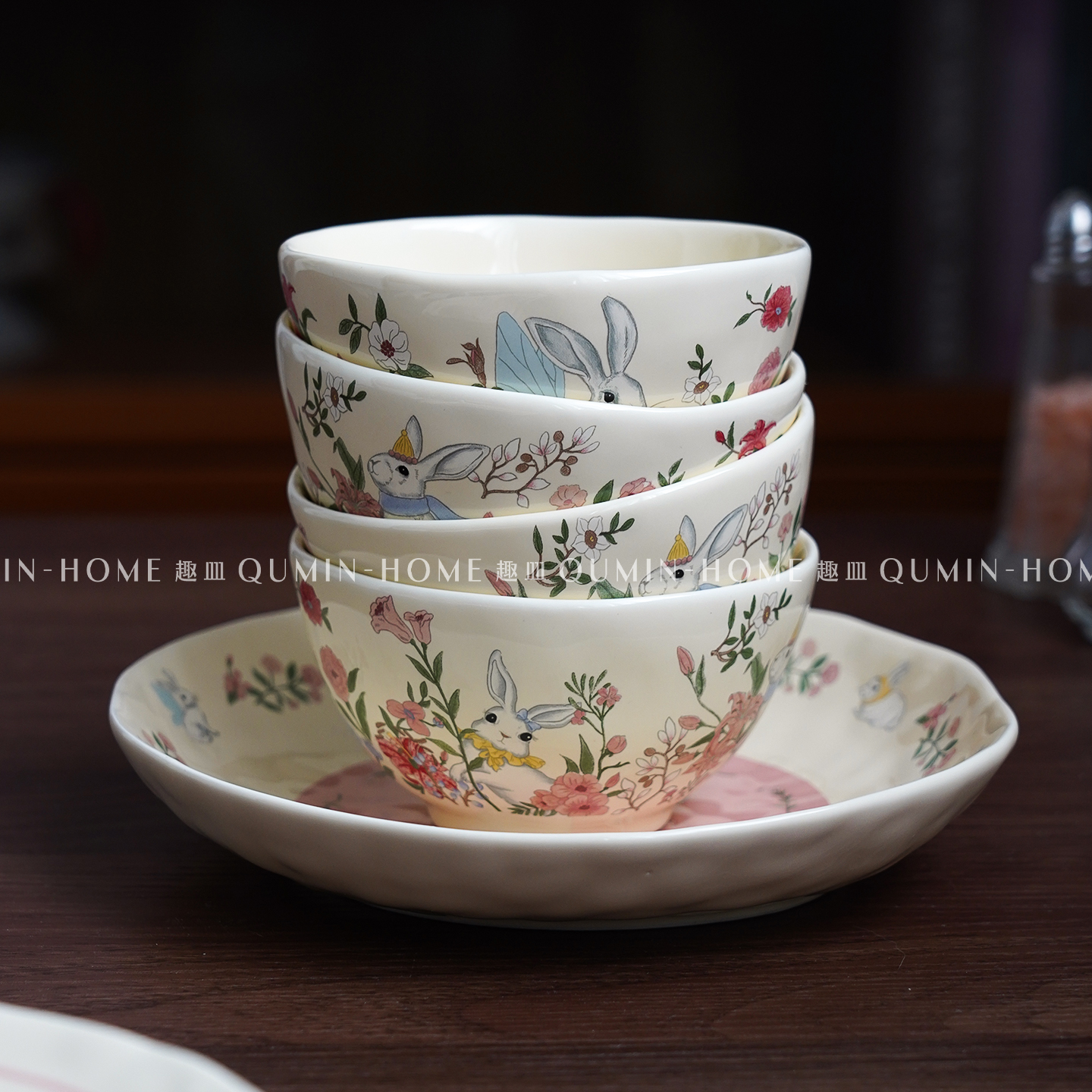趣皿卡通兔子陶瓷碗高颜值家用可爱饭碗面碗个人专用大汤碗情侣碗