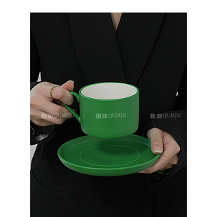 Qumin 家用下午茶餐具 法式 带把陶瓷水杯子高颜值拿铁咖啡杯碟套装