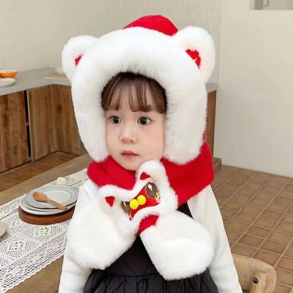 秋冬季宝宝帽子可爱毛绒围巾一体帽红色醒狮新年喜庆男女童保暖潮