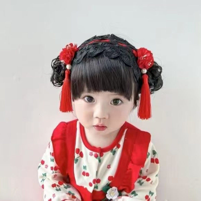 婴儿假发头饰红色公主过年周岁抓阄生日发饰护囟门帽宝宝新年发带