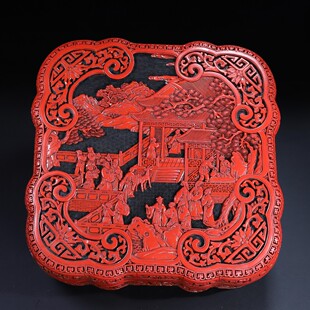 古玩老货民间收藏老旧物件手工雕刻剔红漆器盒传统纹样人物收纳盒