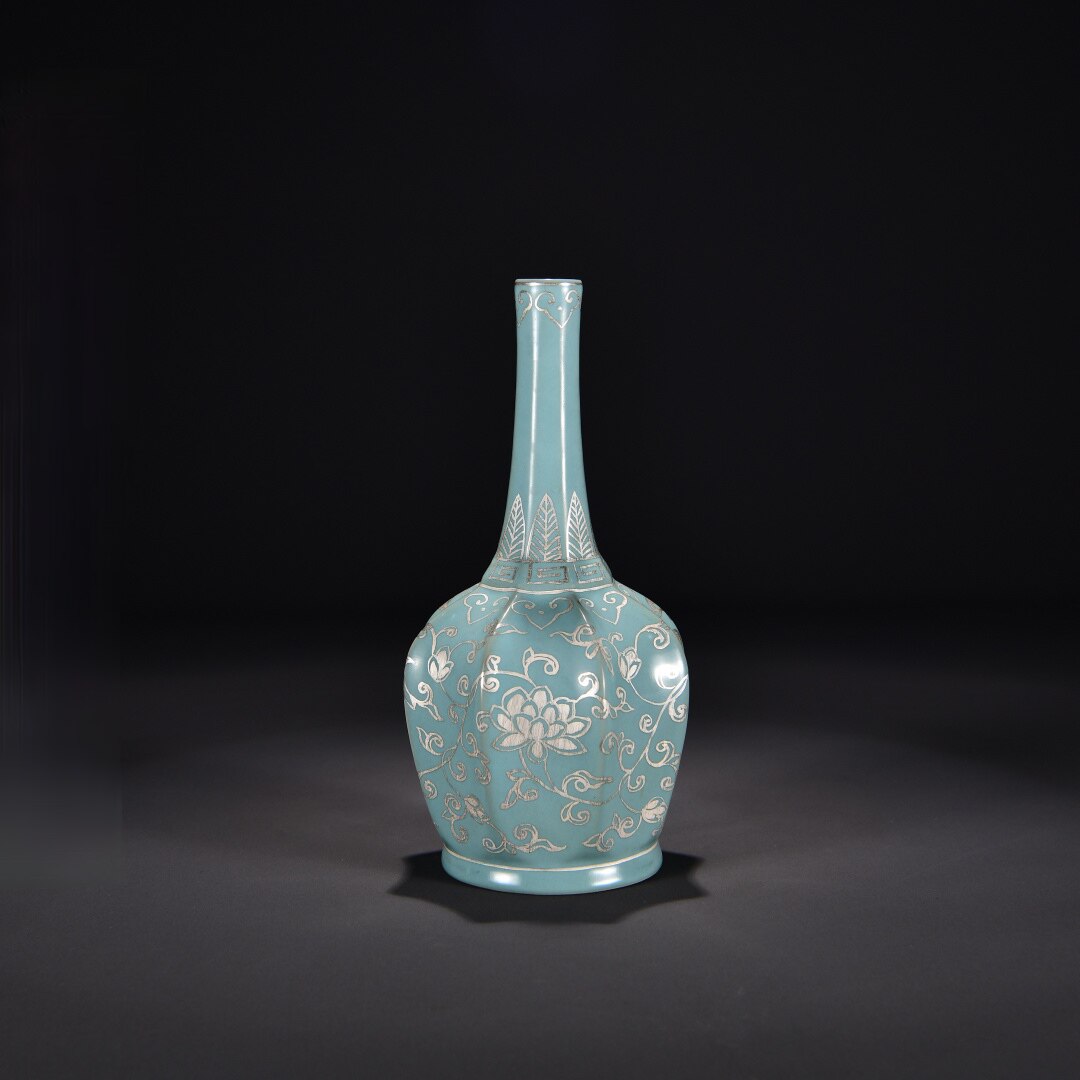 旧藏汝窑天青釉足银彩绘缠枝花卉纹瓜棱胆瓶古玩瓷器回流老货摆件