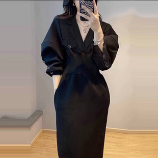 高级感法式 欧洲站秋装 气质女装 连衣裙 女2023年新款 赫本风黑色长袖