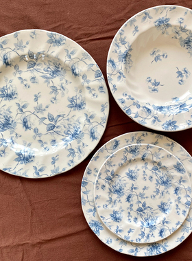 外贸出口英国釉下蓝色花朵原单尾货正餐盘早餐盘谷物碗汤盘咖啡杯