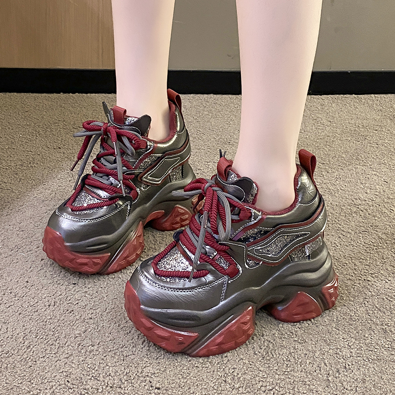 小个子10cm内增高亮片老爹鞋女2025新款秋冬季加绒厚底运动休闲鞋