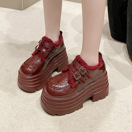 红色加绒乐福鞋女2025冬季新款英伦风小皮鞋小个子增高厚底鞋棉鞋