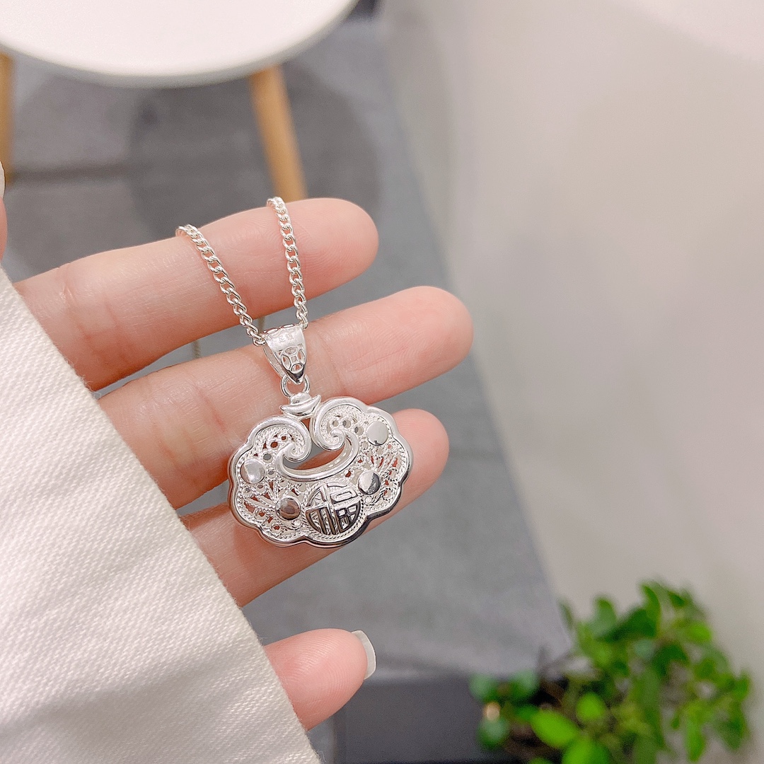 足银锁包经典镂空纯银平安锁套链送礼银饰项链宝宝锁精致吊坠