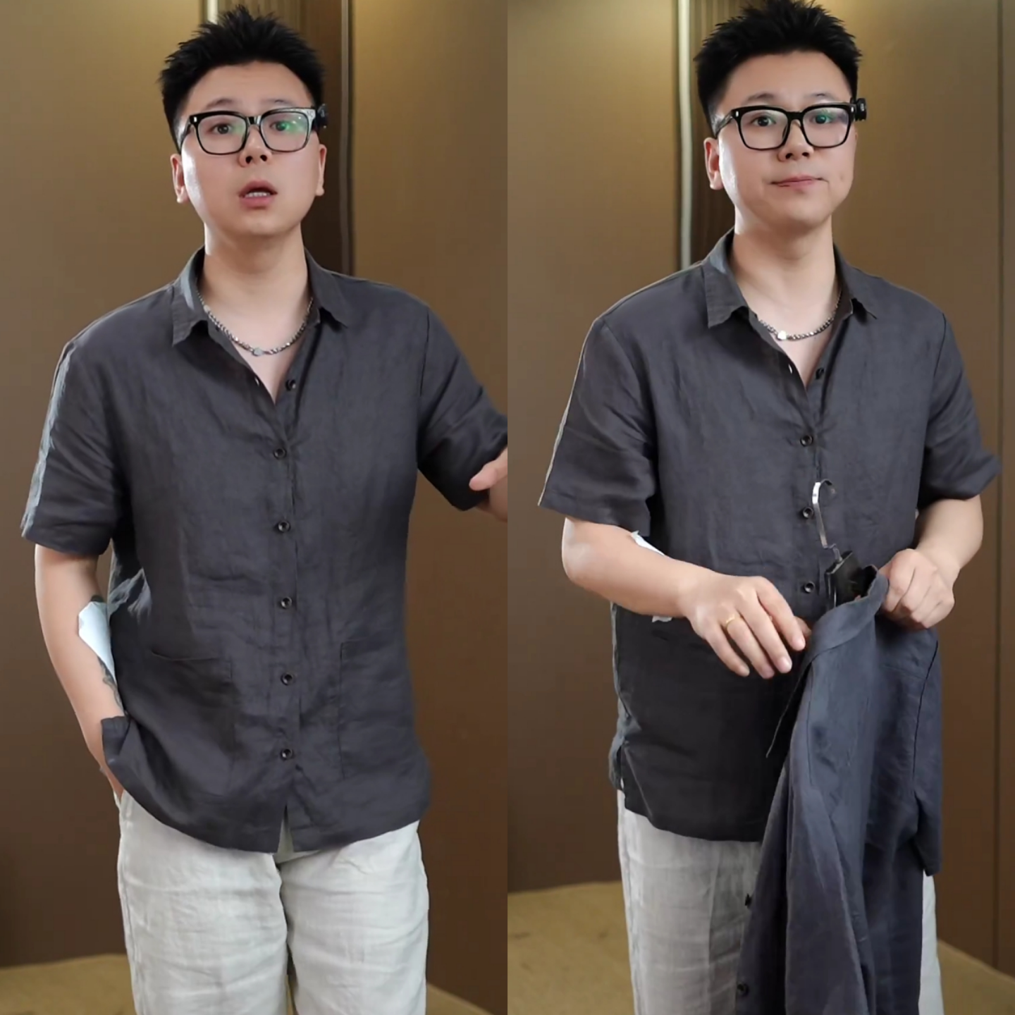 简约高级老钱风休闲短袖衬衫夏季新款男士时尚百搭纯色高品质上衣