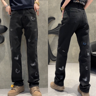 冬季美式风潮牌高级感休闲裤黑色蝴蝶刺绣牛仔裤男士重磅直筒长裤