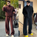 冬季男士半高圆领外套直筒裤两件套双面摇粒绒潮流运动套装情侣款