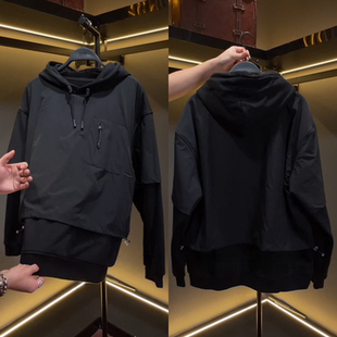 重磅时尚百搭小众设计感秋季新款痞帅男装潮流纯色假两件连帽卫衣