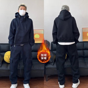 冬季加绒加厚潮流套装斜拉链连帽卫衣大口袋工装休闲裤两件套男士