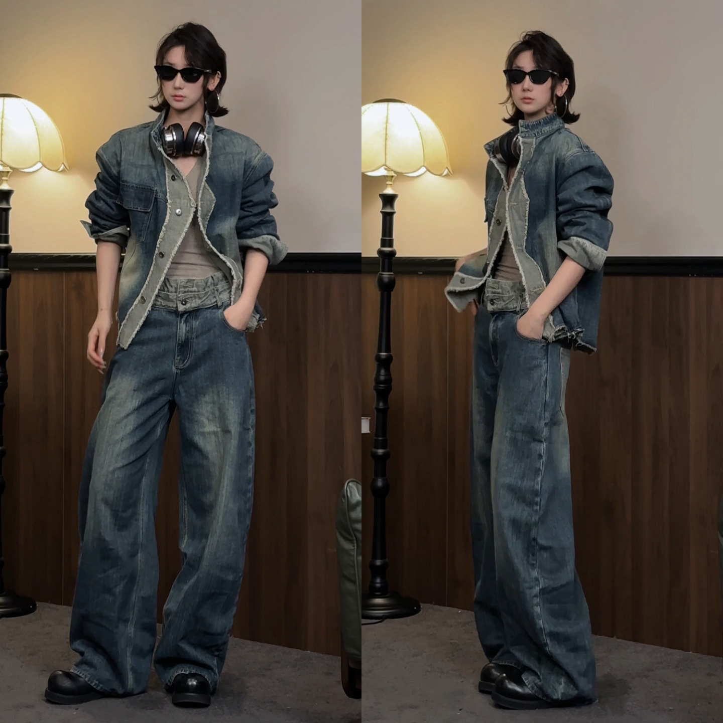 春季新品个性拼色痞帅休闲夹克长裤两件套美式复古做旧牛仔套装男