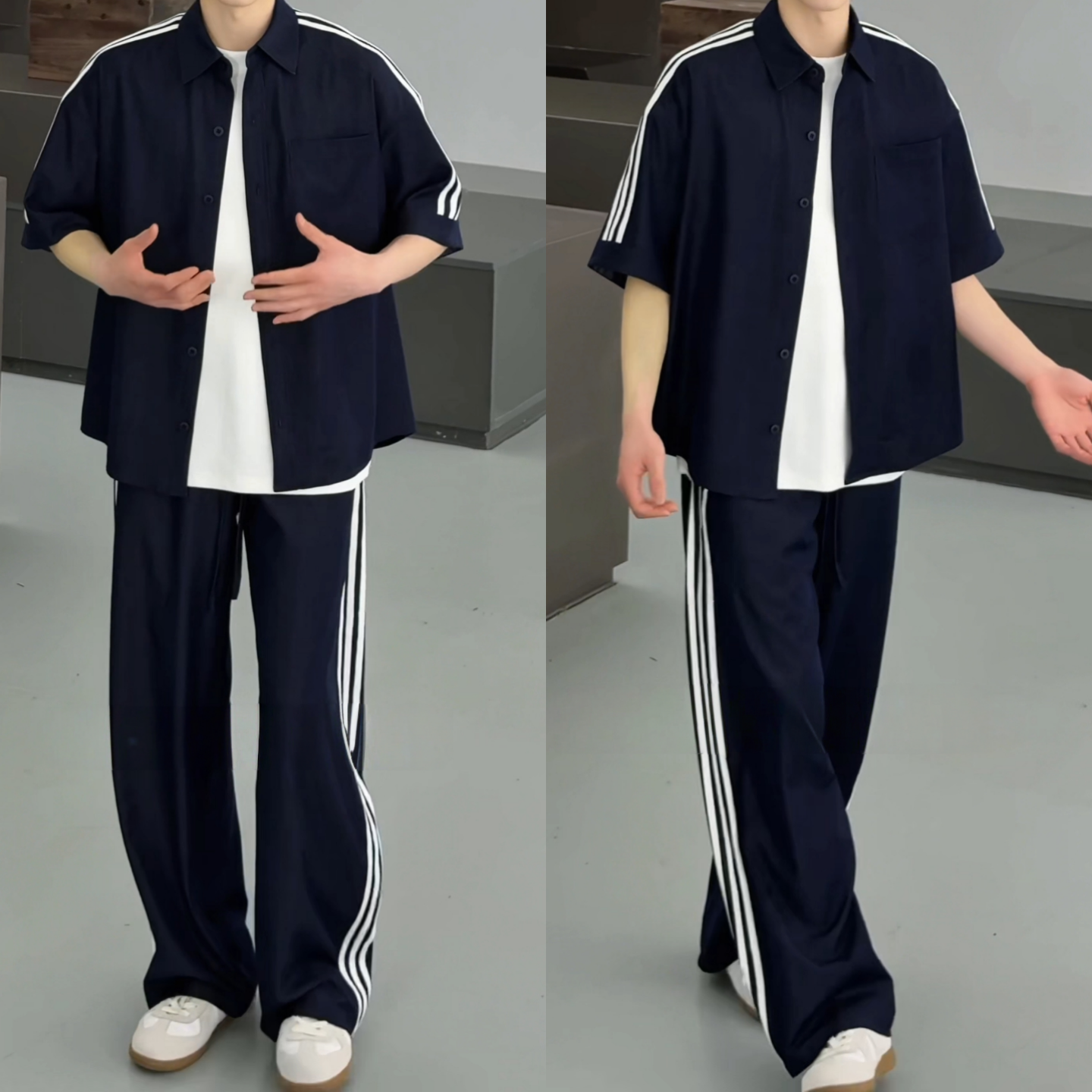 『美式风』夏季薄款条纹男士简约百搭短袖衬衫休闲套装潮流高级感