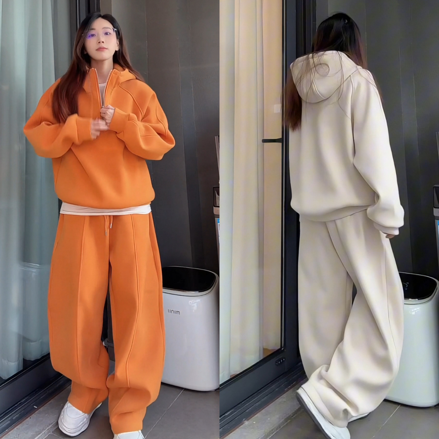 冬季慵懒半拉链连帽卫衣运动直筒裤套装时尚休闲运动两件套情侣款