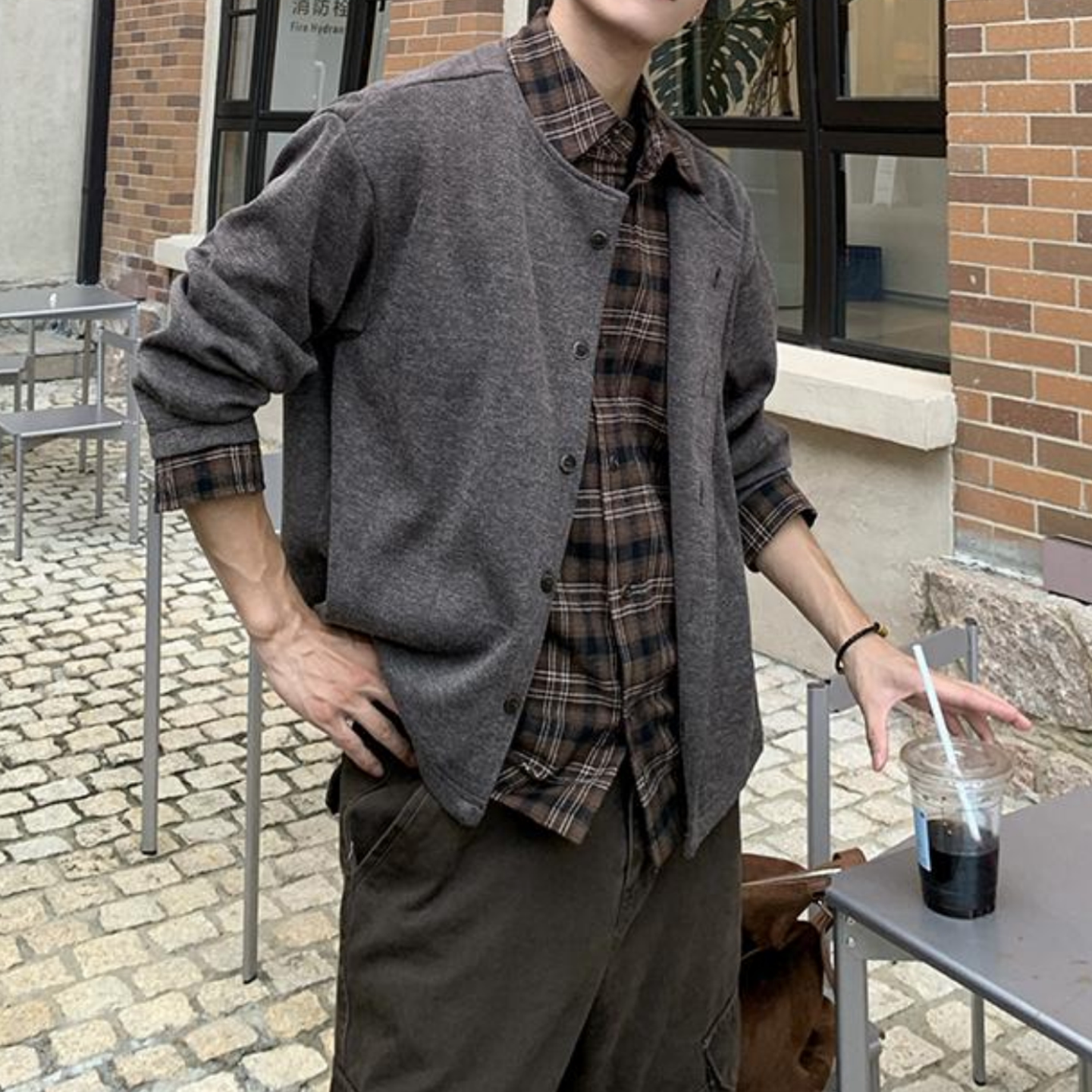 秋季百搭格子撞色针织衫上衣休闲衬衣复古风假两件拼接衬衫外套男