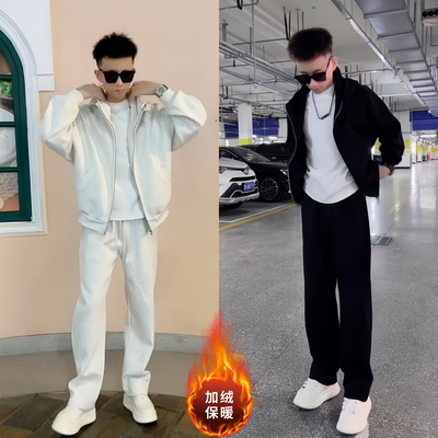 加绒美式开衫卫衣休闲卫裤套装