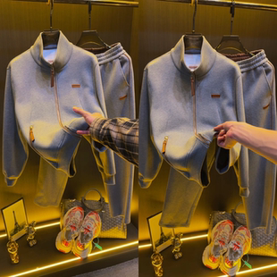 运动套装 春季 外套直筒休闲裤 灰色立领开衫 轻奢老钱风两件套男 新款