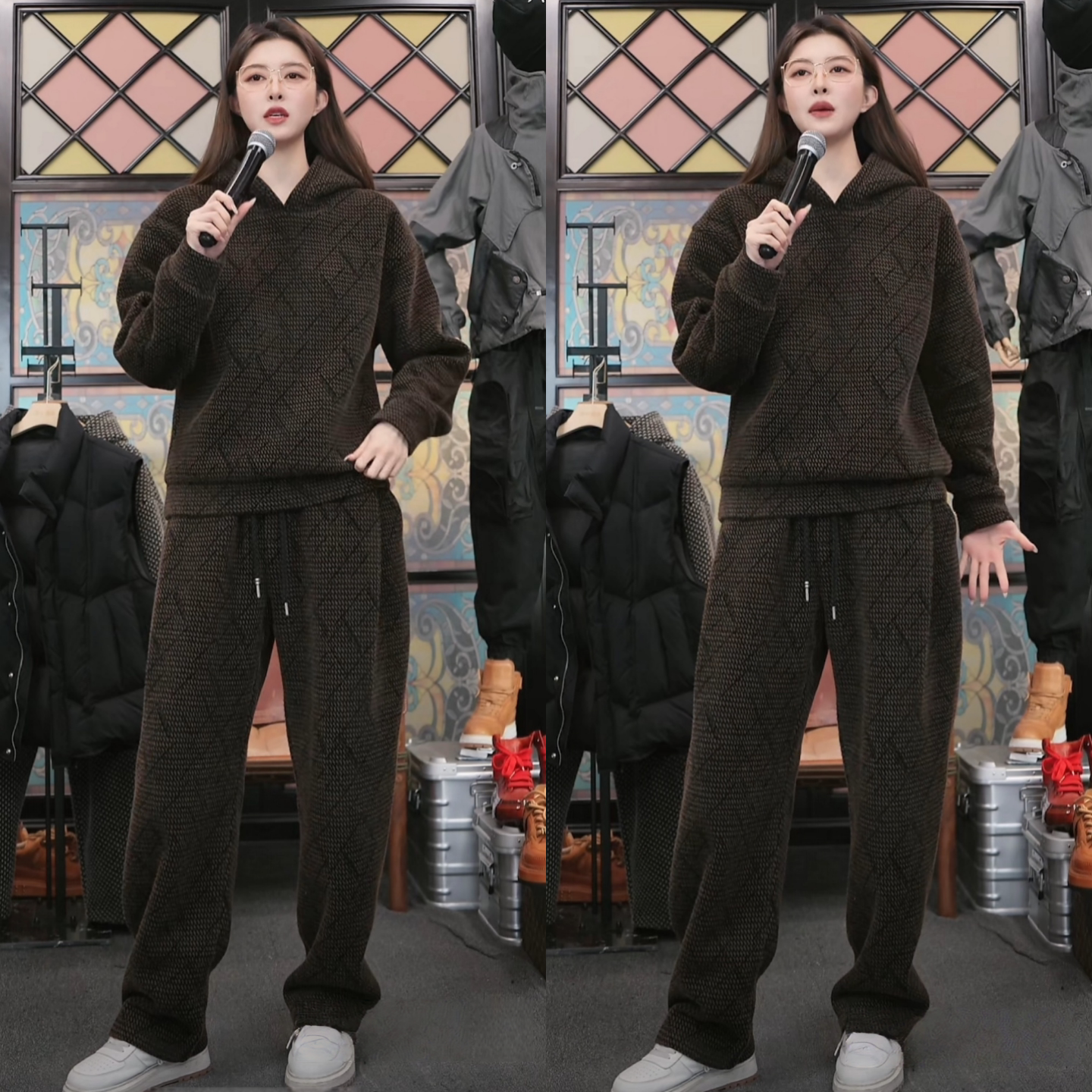 冬季复古格纹轻奢时尚套装连帽高级感卫衣休闲裤两件套老钱风男士