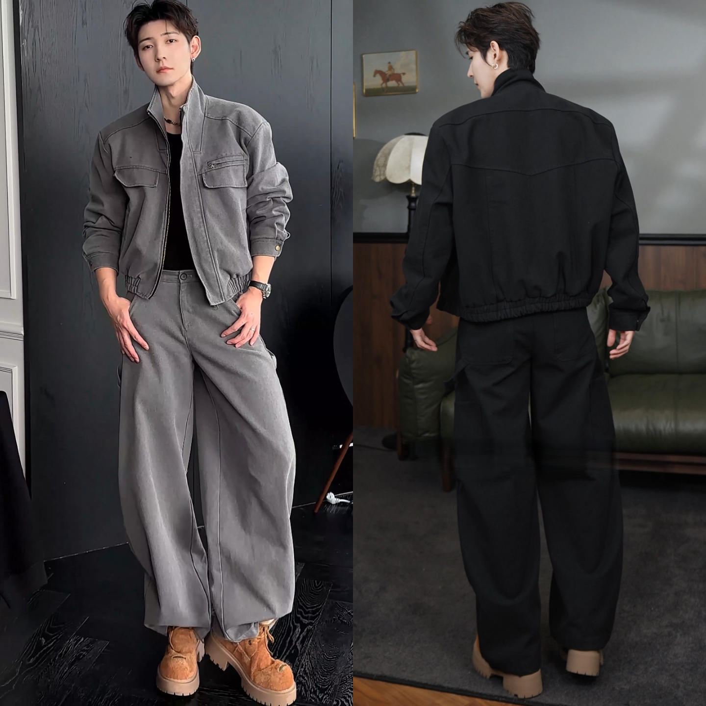 秋季高级感美式复古长裤工装风硬挺立领夹克外套酷帅休闲裤套装男