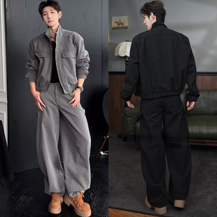 秋季高级感美式复古长裤工装风硬挺立领夹克外套酷帅休闲裤套装男
