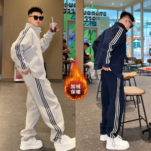 冬季撞色三条杠加绒保暖男款百搭套装休闲运动卫衣休闲长裤两件套