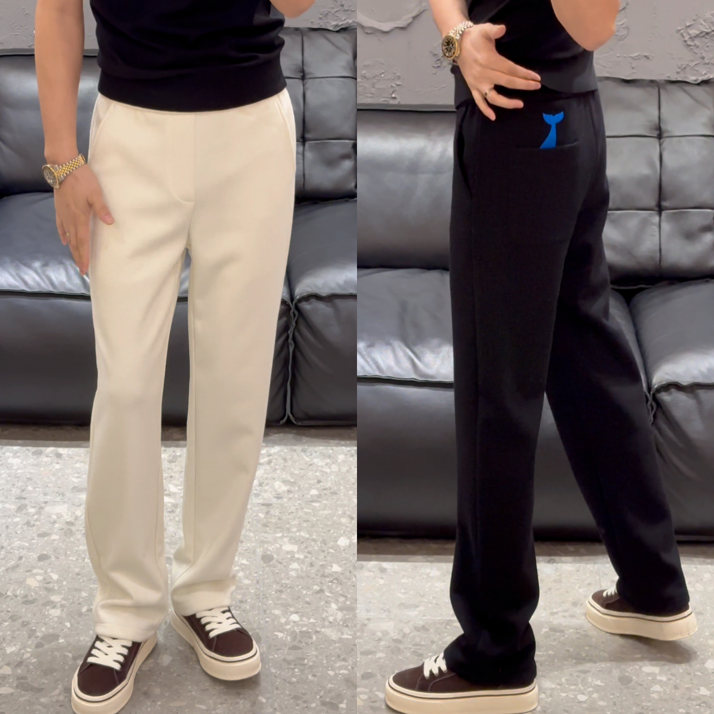 冬季商务休闲轻奢风直筒裤百搭鱼尾刺绣纯色极简风高级感长裤男士
