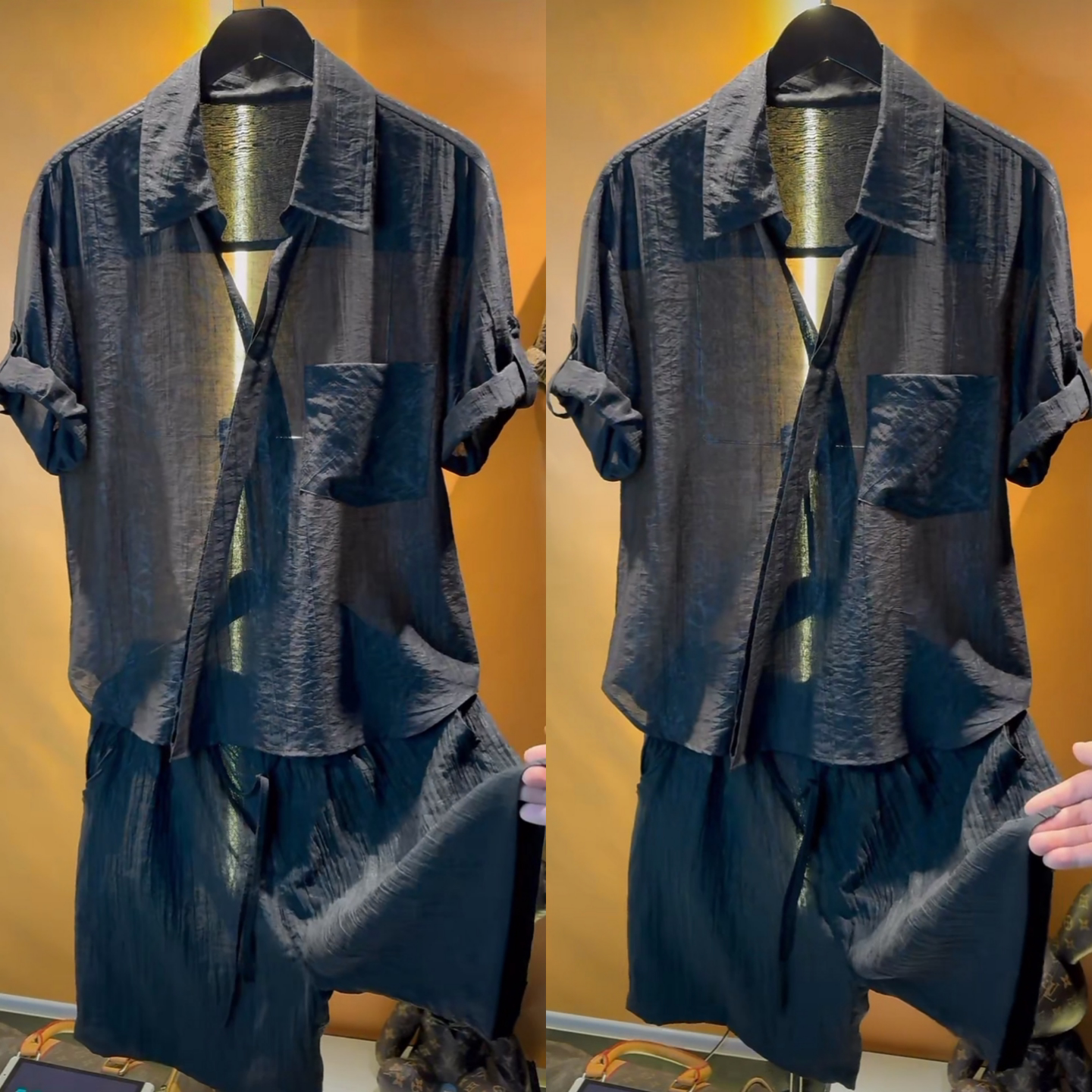 男士轻奢褶皱高级感半袖斜襟短袖T恤夏季舒适老钱风提花休闲半袖