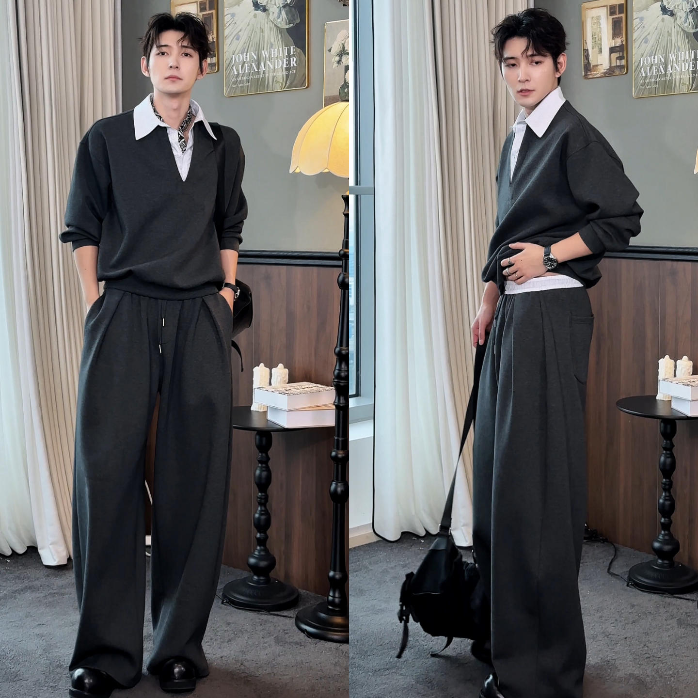 早季新款高品质帅气假两件拼接男生卫衣阔腿裤套装舒适情侣两件套