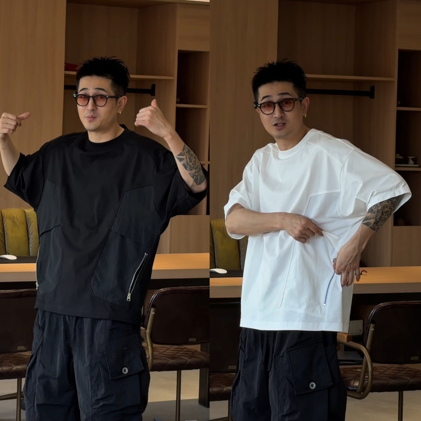 美式机能风蝙蝠袖拉链口袋男T恤