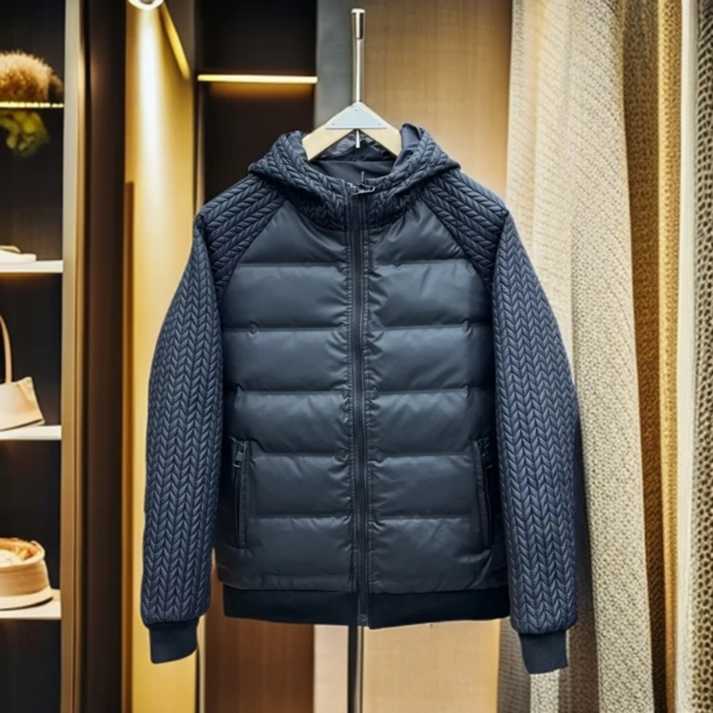 冬季麦穗拼接韩版连帽拼接夹克加厚防风保暖高级感休闲百搭外套男