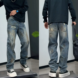 冬季美式复古涂鸦做旧直筒牛仔裤男士潮牌怀旧蓝高街风休闲长裤