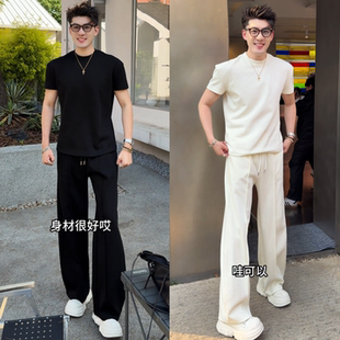 【型男套装】夏季新品简约纯色半高领短袖休闲长裤两件套舒适显瘦