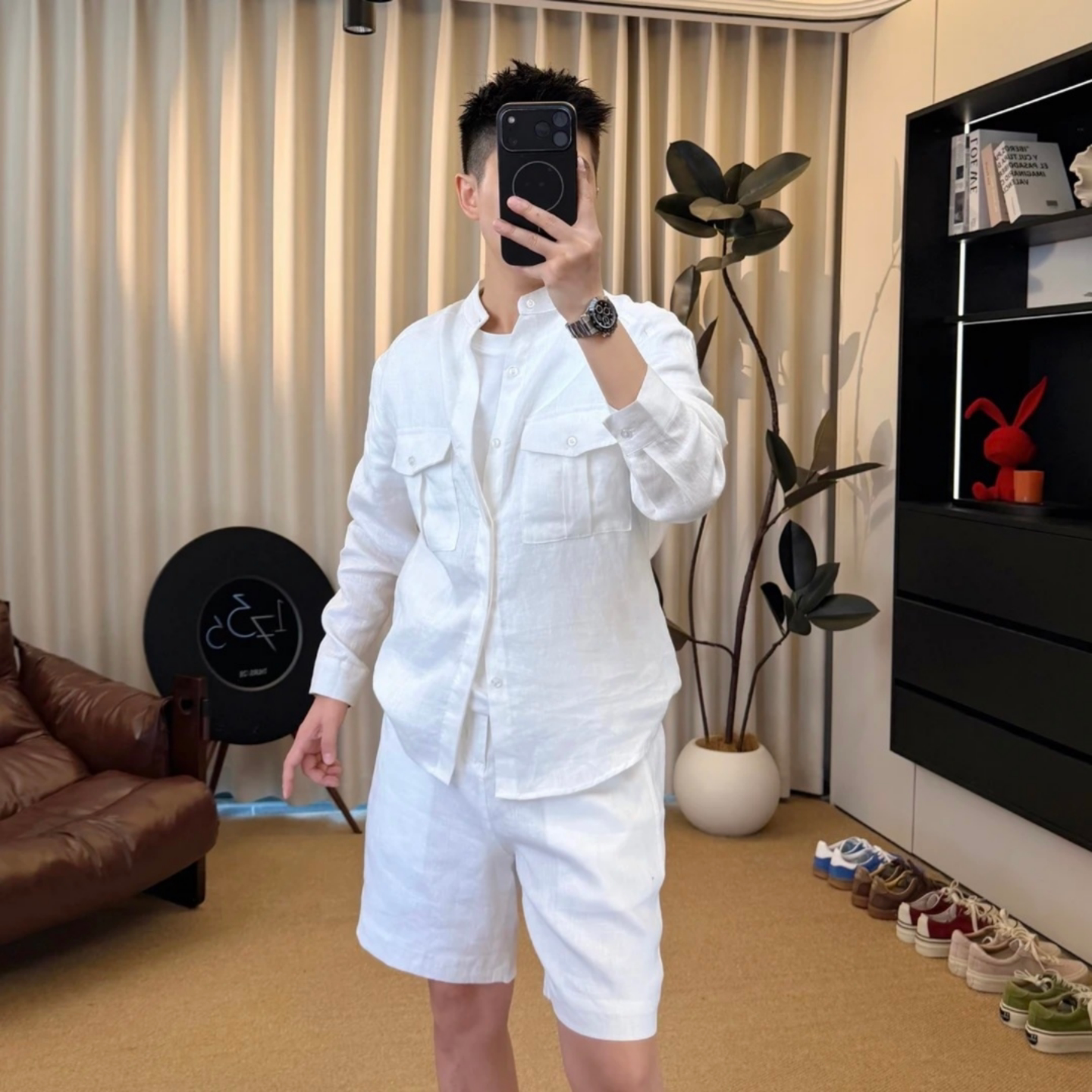 夏季轻奢老钱风麻感男士长袖衬衫