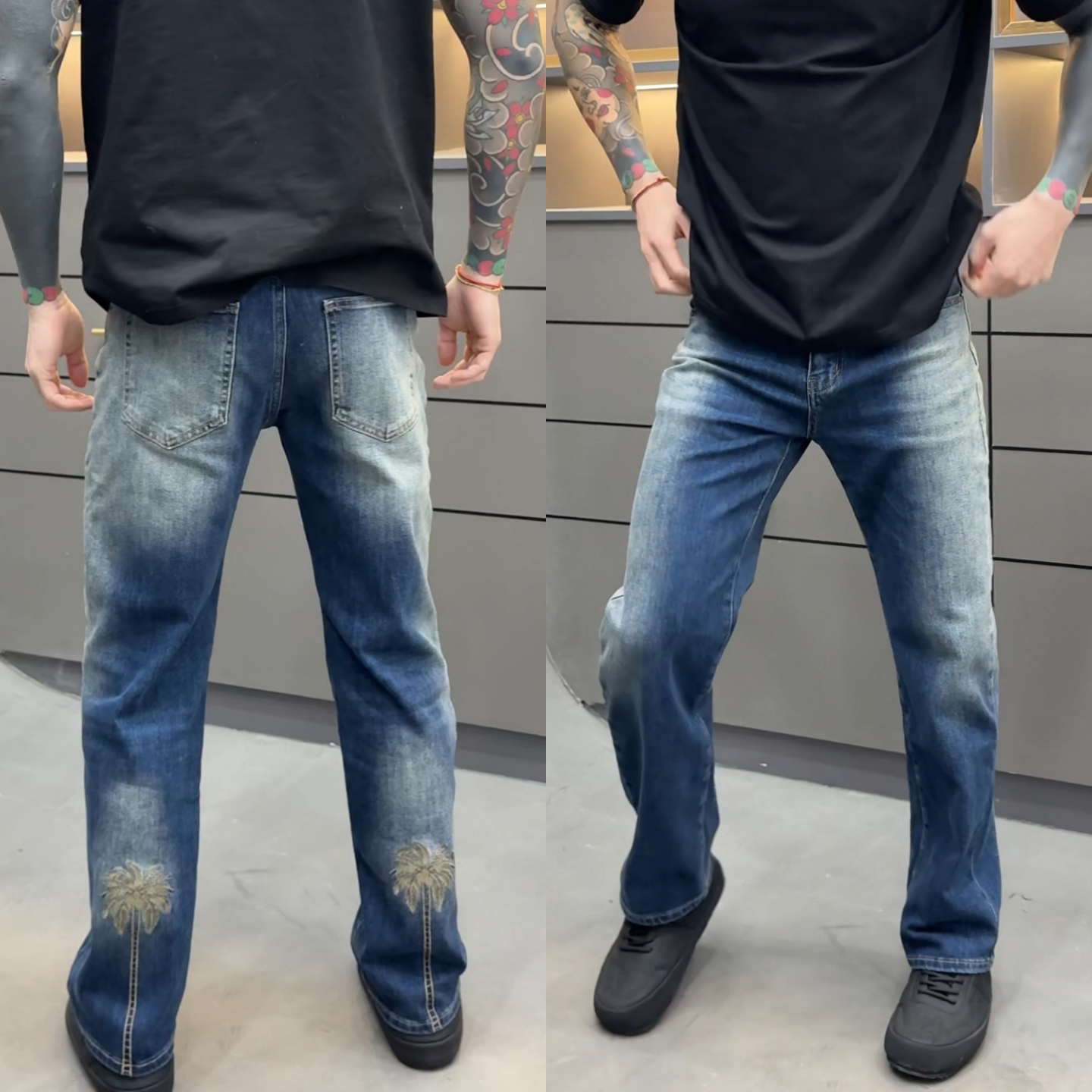 爆款百搭椰子树刺绣牛仔裤冬季时尚休闲美式休闲高级感直筒裤男士